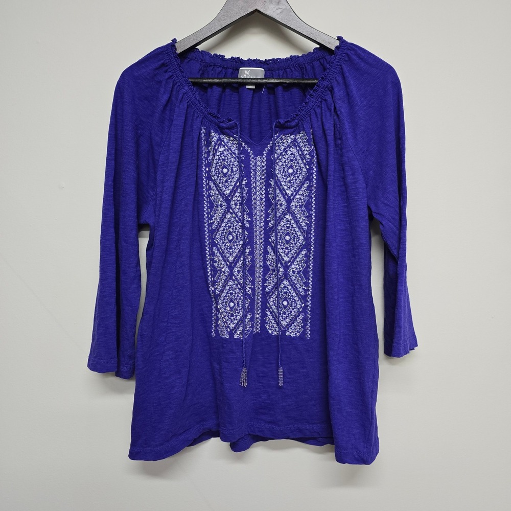 JM Collection Embroidered Peasant Top Womens XL Purple Cotton Beaded Boho Blouse